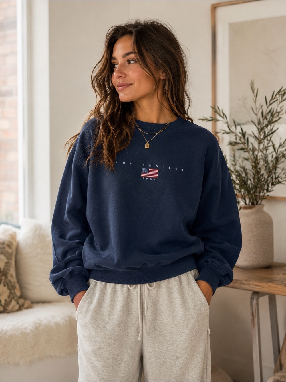 John Galt By Brandy Melville Women's Navy Los Angeles 1984 Crewneck Sweatshirt